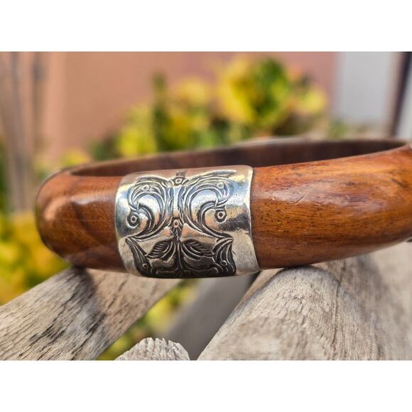 Vintage Silpada Etched Sterling Silver and Wood Bangle Bracelet, 2007 B1490 - Picture 5 of 8